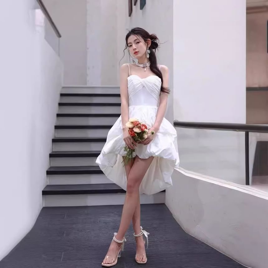 Spaghetti Strap Plain Bubble Hem High Low A-Line Short Wedding Dress