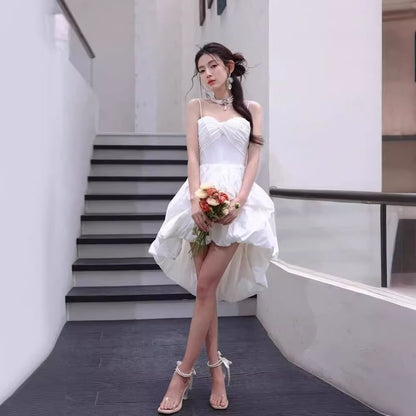 Spaghetti Strap Plain Bubble Hem High Low A-Line Short Wedding Dress