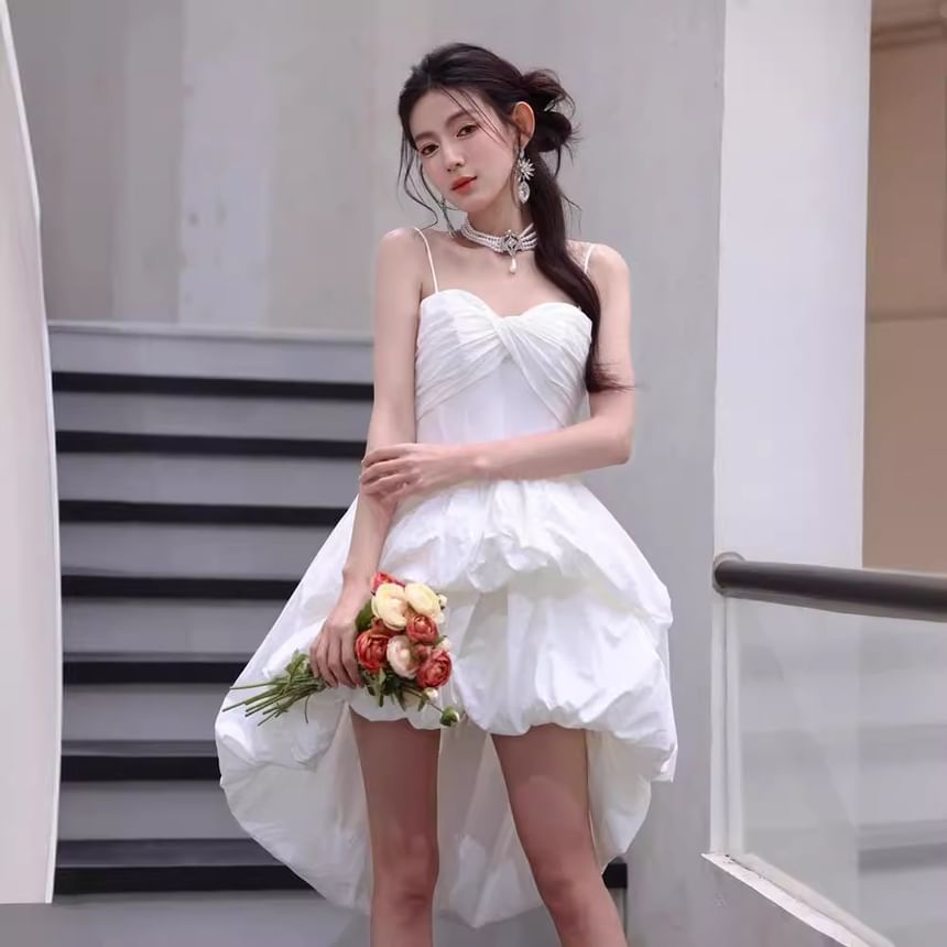 Spaghetti Strap Plain Bubble Hem High Low A-Line Short Wedding Dress