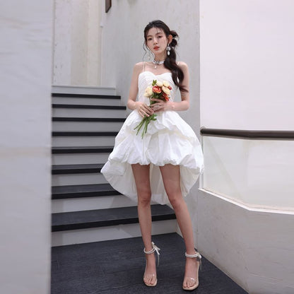 Spaghetti Strap Plain Bubble Hem High Low A-Line Short Wedding Dress