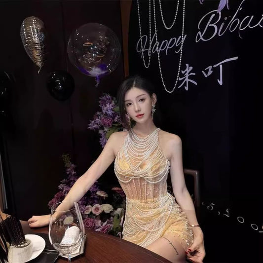 Sleeveless Round Neck Beaded Mini Sheath Corset Cocktail Dress