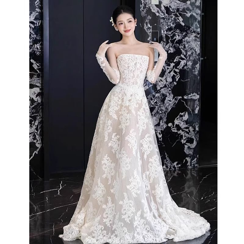 Plain Lace A-Line Tube Wedding Gown