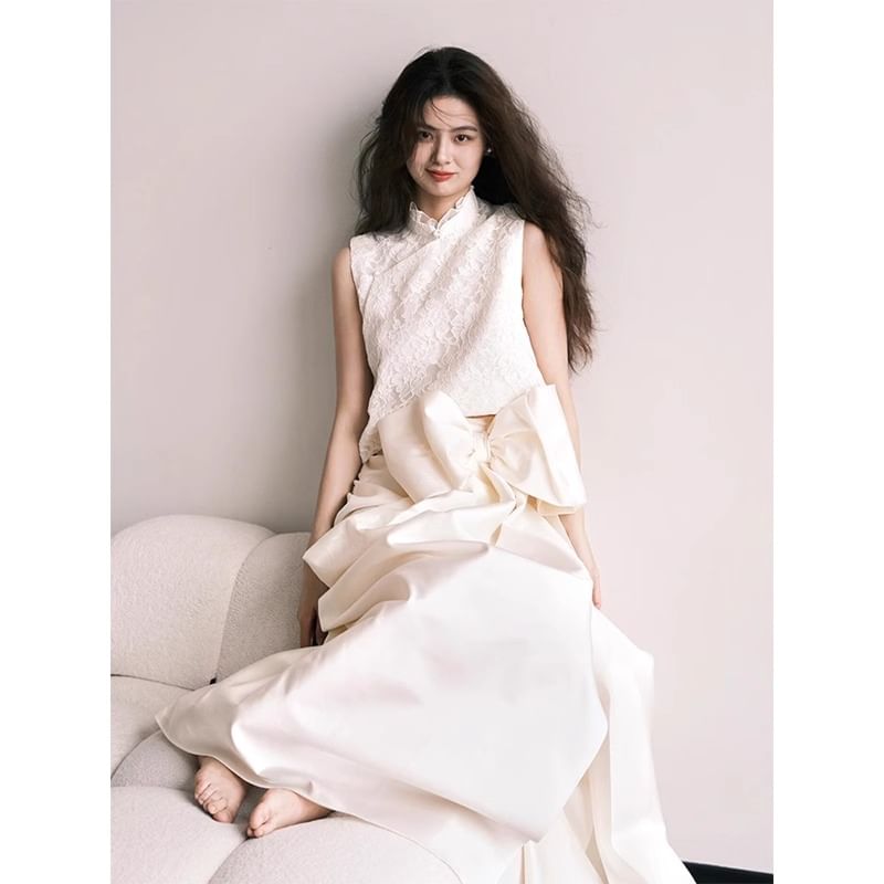 Collar Stand Lace Bow Plain Gown Panel A-Line Sleeveless Evening