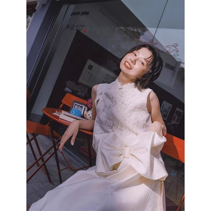 Collar Stand Lace Bow Plain Gown Panel A-Line Sleeveless Evening