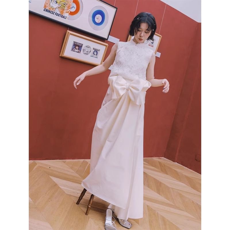 Collar Stand Lace Bow Plain Gown Panel A-Line Sleeveless Evening