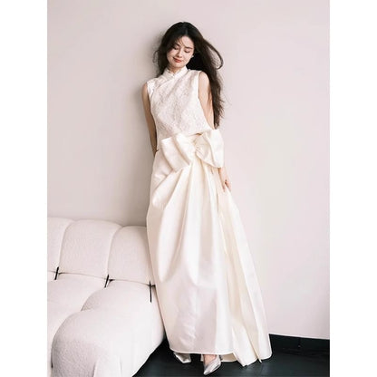 Sleeveless Stand Collar Plain Bow Panel Lace A-Line Evening Gown