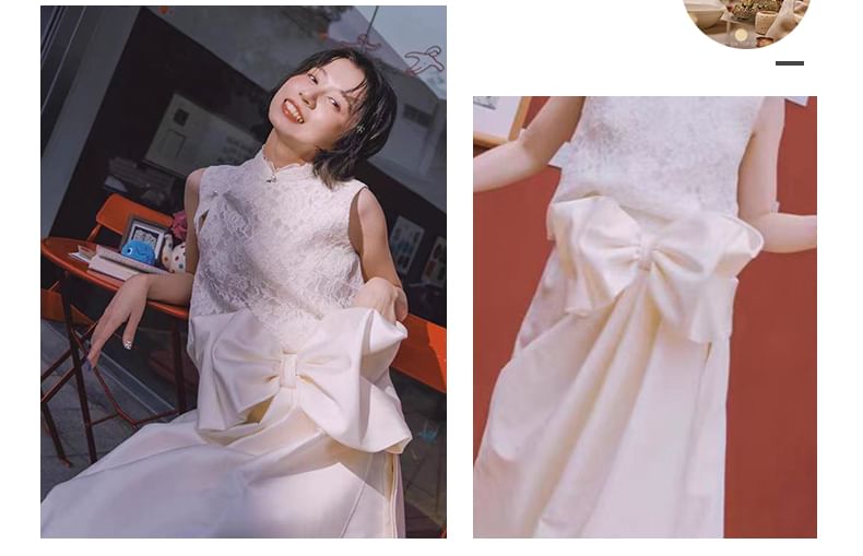 Collar Stand Lace Bow Plain Gown Panel A-Line Sleeveless Evening