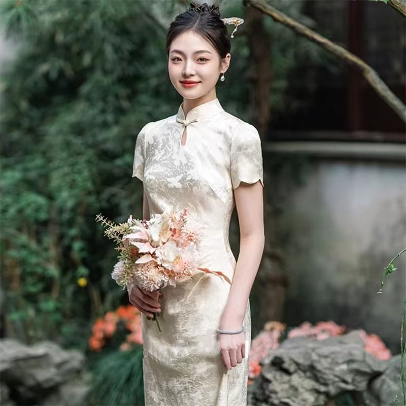 Short Sleeve Keyhole Jacquard Midi Sheath Cocktail Qipao