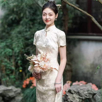 Short Sleeve Keyhole Jacquard Midi Sheath Cocktail Qipao