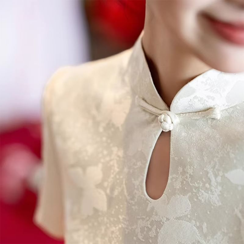 Short Sleeve Keyhole Jacquard Midi Sheath Cocktail Qipao