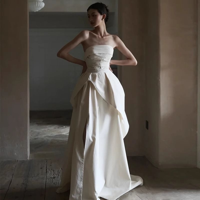 Plain Ruched Panel Slit A-Line Tube Wedding Gown