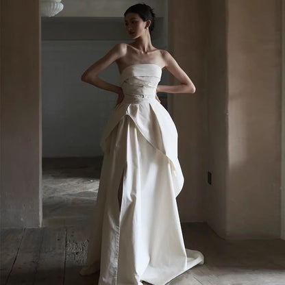 Plain Ruched Panel Slit A-Line Tube Wedding Gown