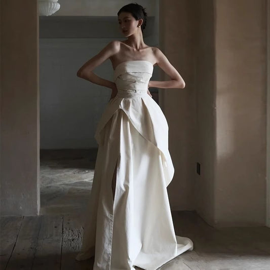 Plain Ruched Panel Slit A-Line Tube Wedding Gown