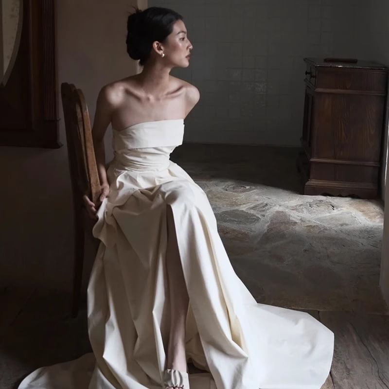 Plain Ruched Panel Slit A-Line Tube Wedding Gown