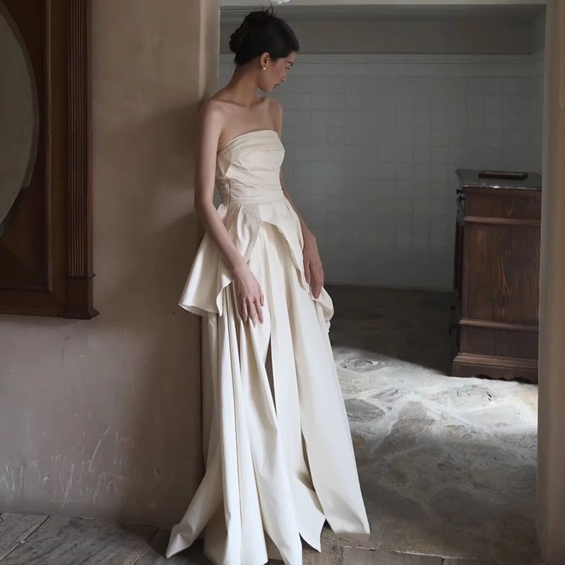 Plain Ruched Panel Slit A-Line Tube Wedding Gown
