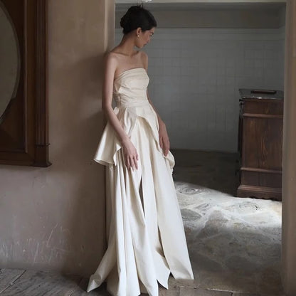 Plain Ruched Panel Slit A-Line Tube Wedding Gown