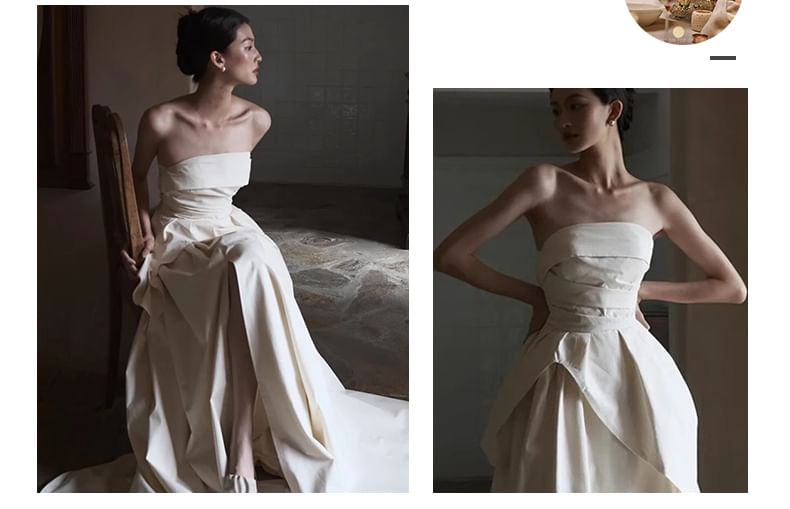 Plain Ruched Panel Slit A-Line Tube Wedding Gown