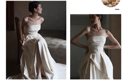 Plain Ruched Panel Slit A-Line Tube Wedding Gown