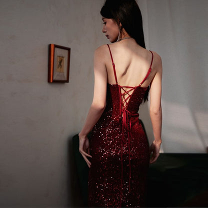 Spaghetti Strap Plain Sequin Panel Slit Sheath Evening Gown