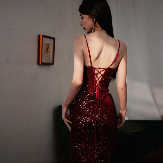 Spaghetti Strap Plain Sequin Panel Slit Sheath Evening Gown