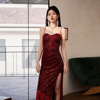 Spaghetti Strap Plain Sequin Panel Slit Sheath Evening Gown