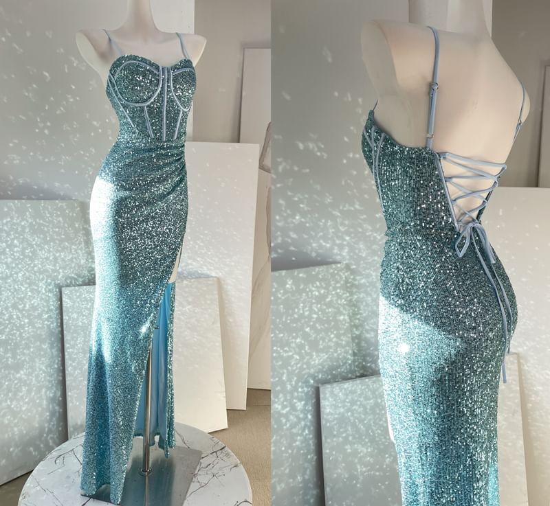 Spaghetti Strap Plain Sequin Panel Slit Sheath Evening Gown
