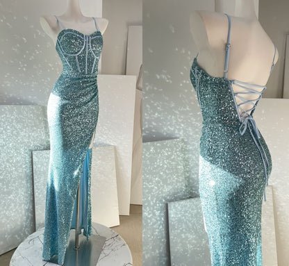 Spaghetti Strap Plain Sequin Panel Slit Sheath Evening Gown
