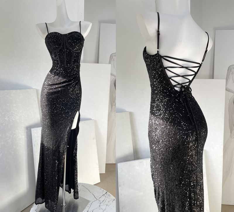 Spaghetti Strap Plain Sequin Panel Slit Sheath Evening Gown