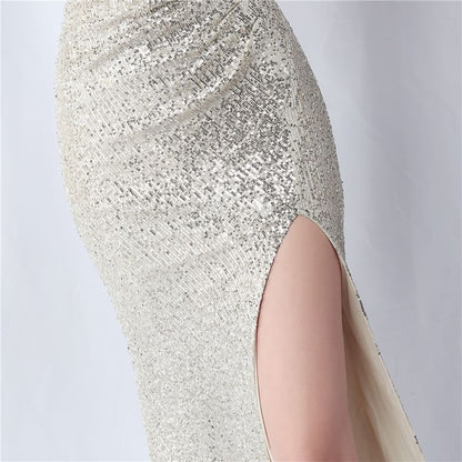 Spaghetti Strap Plain Sequin Panel Slit Sheath Evening Gown