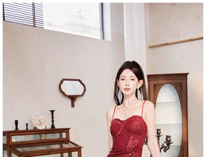 Spaghetti Strap Plain Sequin Panel Slit Sheath Evening Gown