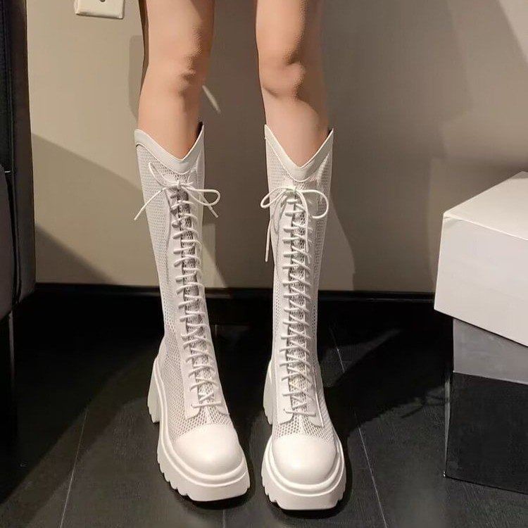 Heel Boots Tall Panel Mesh Lace-Up Platform Chunky