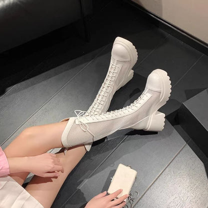 Heel Boots Tall Panel Mesh Lace-Up Platform Chunky