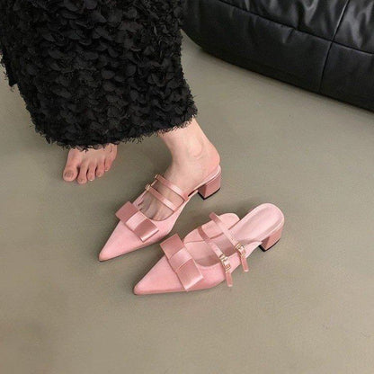 Pointed Mules Jane Mary Bow Toe Heel Chunky