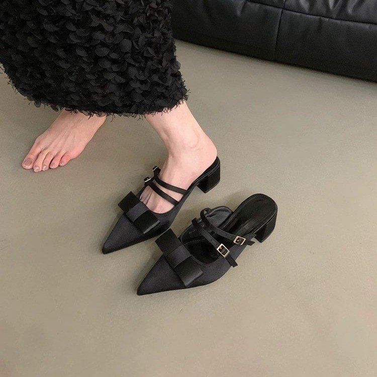 Pointed Mules Jane Mary Bow Toe Heel Chunky