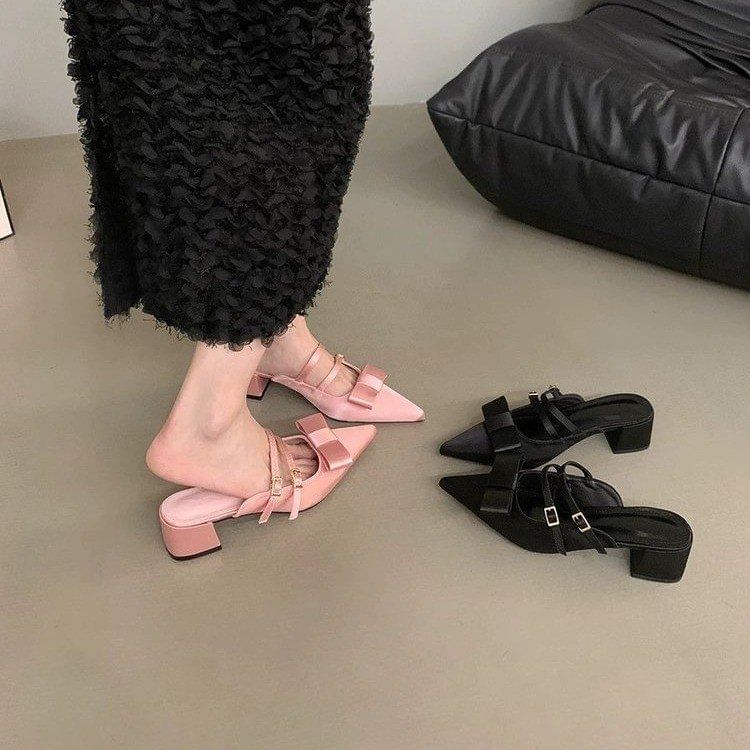 Pointed Mules Jane Mary Bow Toe Heel Chunky