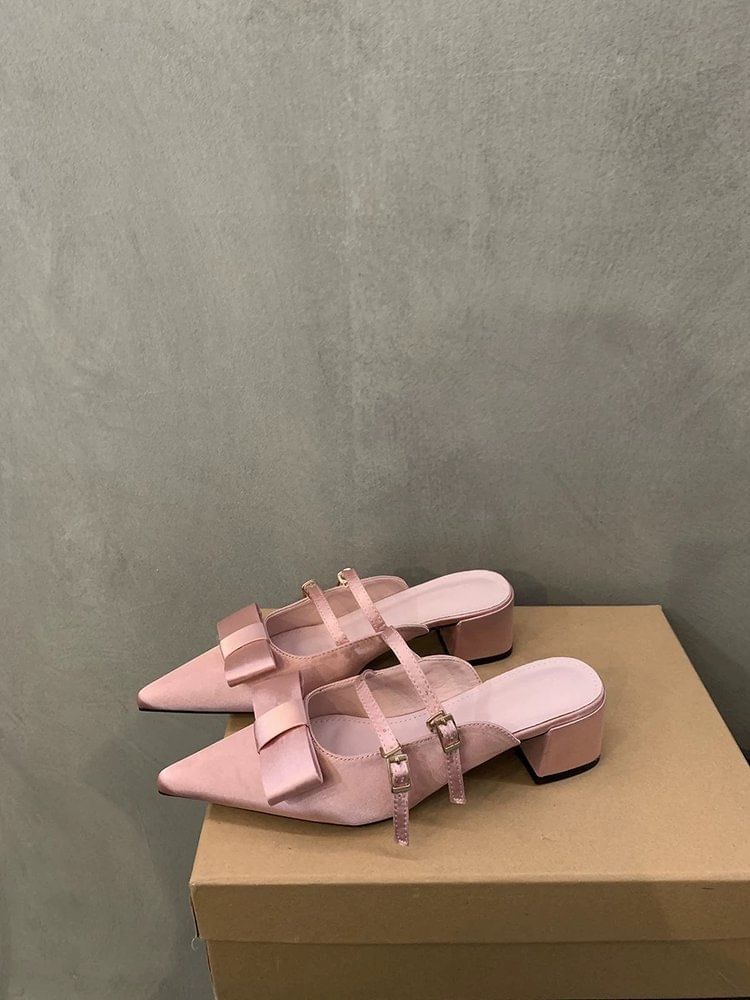 Pointed Mules Jane Mary Bow Toe Heel Chunky