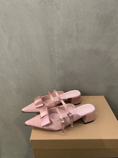 Pointed Mules Jane Mary Bow Toe Heel Chunky