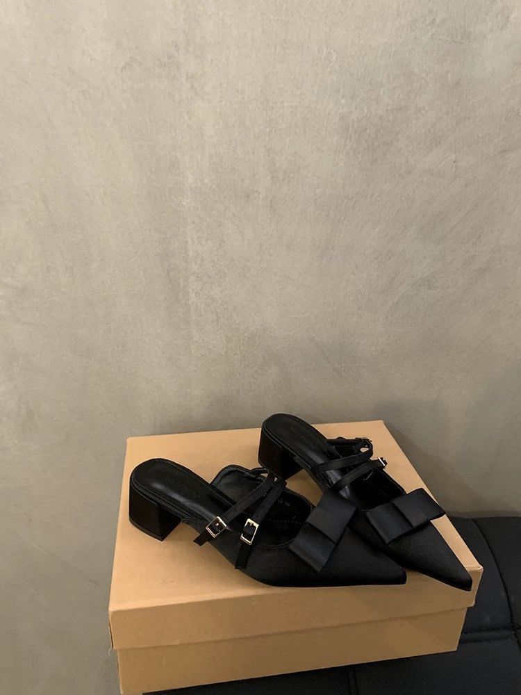 Pointed Mules Jane Mary Bow Toe Heel Chunky