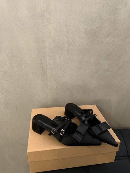 Pointed Mules Jane Mary Bow Toe Heel Chunky