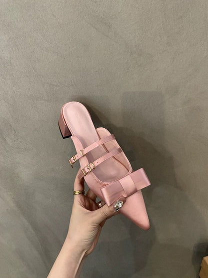 Pointed Mules Jane Mary Bow Toe Heel Chunky
