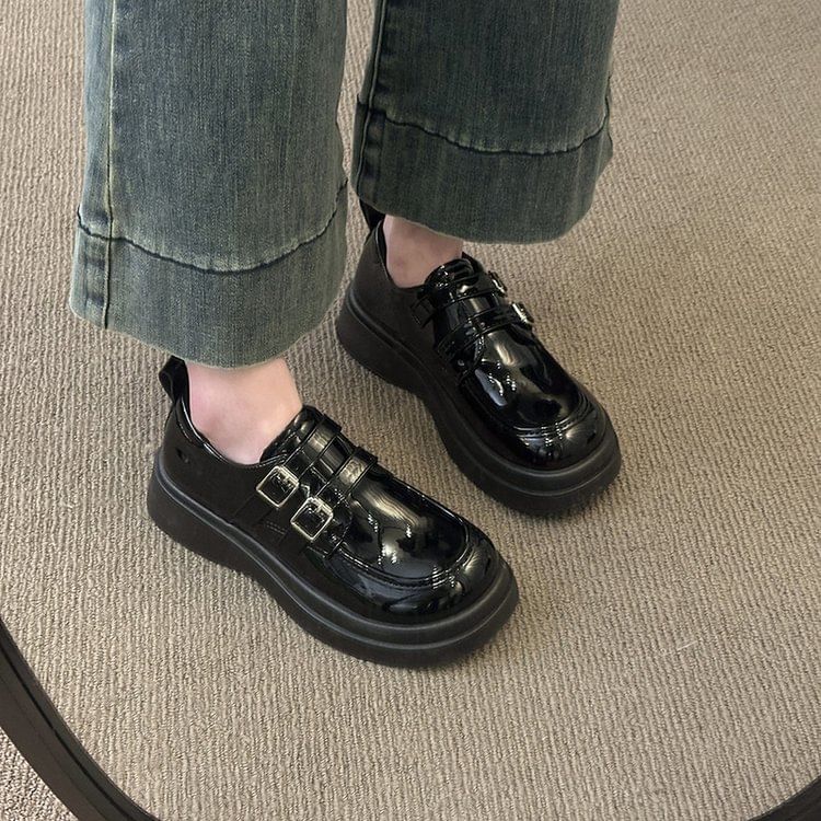 Leather Buckled Platform Loafers Faux