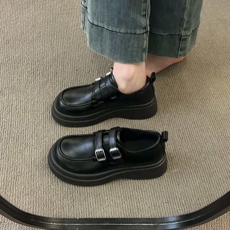 Leather Buckled Platform Loafers Faux