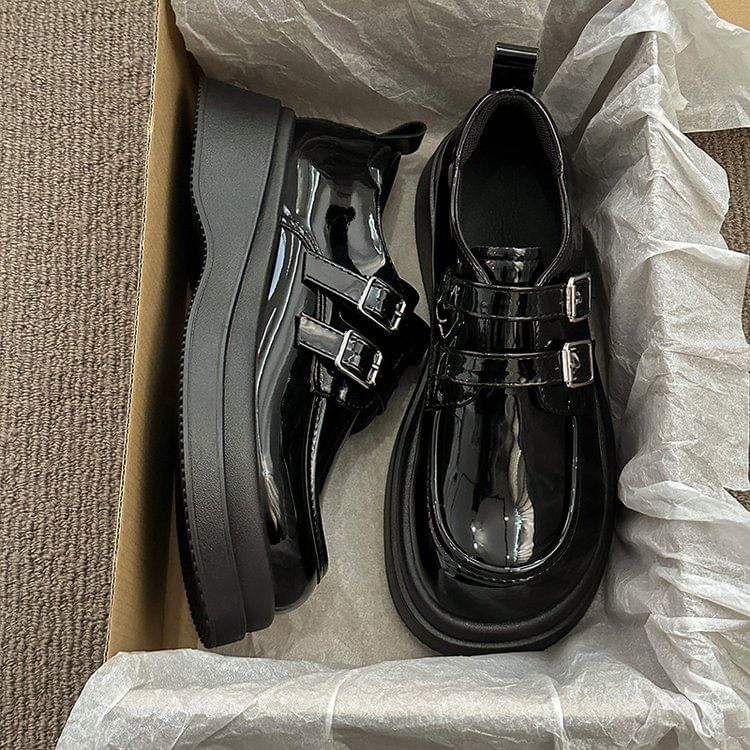 Leather Buckled Platform Loafers Faux