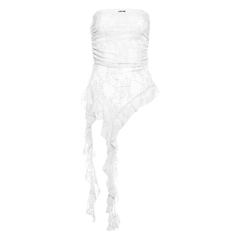 Asymmetric Hem Tube Top - Sheer Lace Panel
