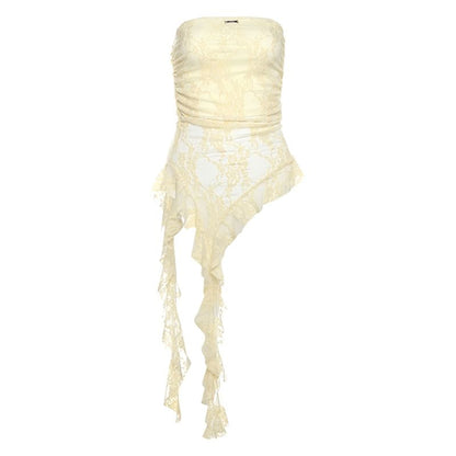Asymmetric Hem Tube Top - Sheer Lace Panel