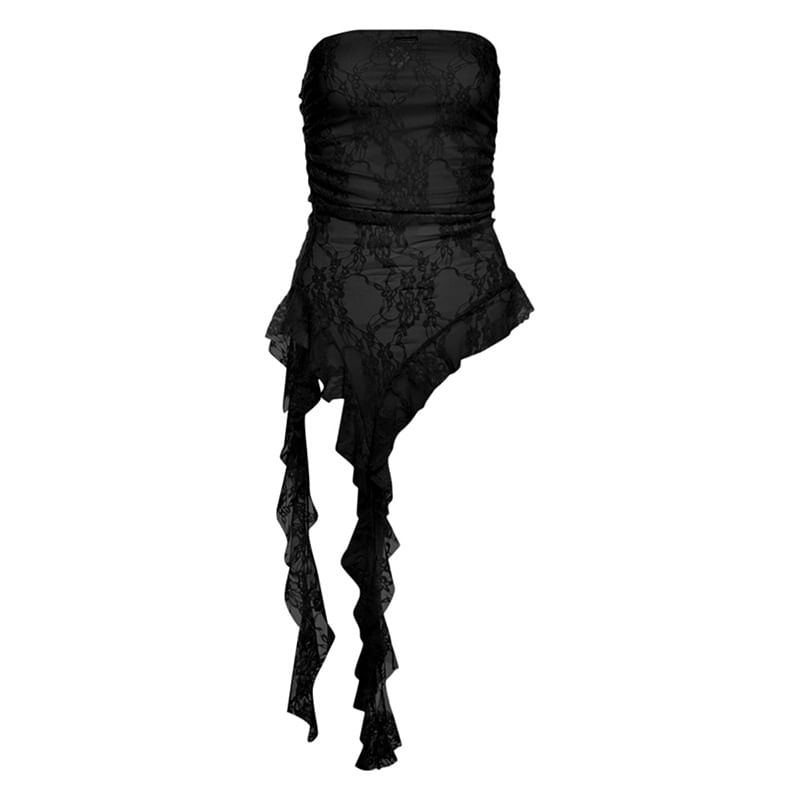 Asymmetric Hem Tube Top - Sheer Lace Panel