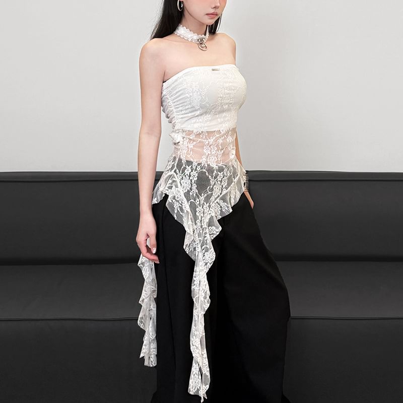 Asymmetric Hem Tube Top - Sheer Lace Panel