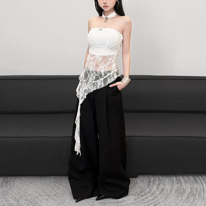 Asymmetric Hem Tube Top - Sheer Lace Panel