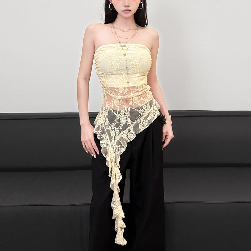 Asymmetric Hem Tube Top - Sheer Lace Panel