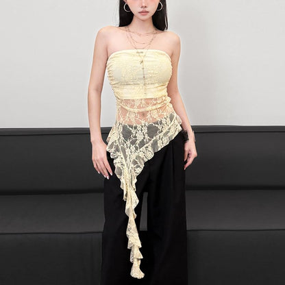 Asymmetric Hem Tube Top - Sheer Lace Panel